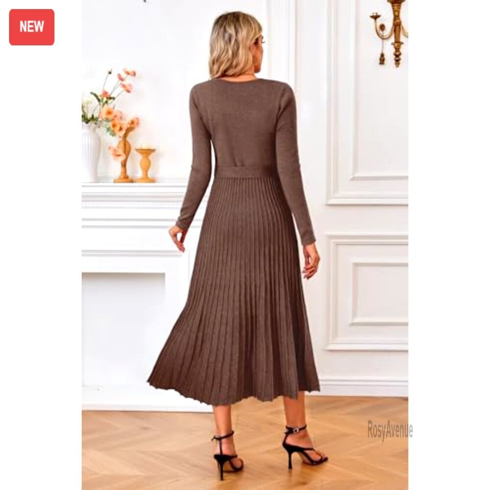 Wool Blend Tie Waist Pleated Sweater Dress, V-Neck Long Sleeve, Fall Winter - Picture 5 of 8
